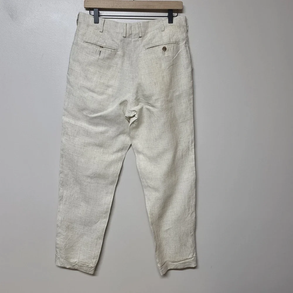 Suitsupply T.B.M. Mens Pure Linen Plaid Dress Pants Beige Tan Flat Front Trouser